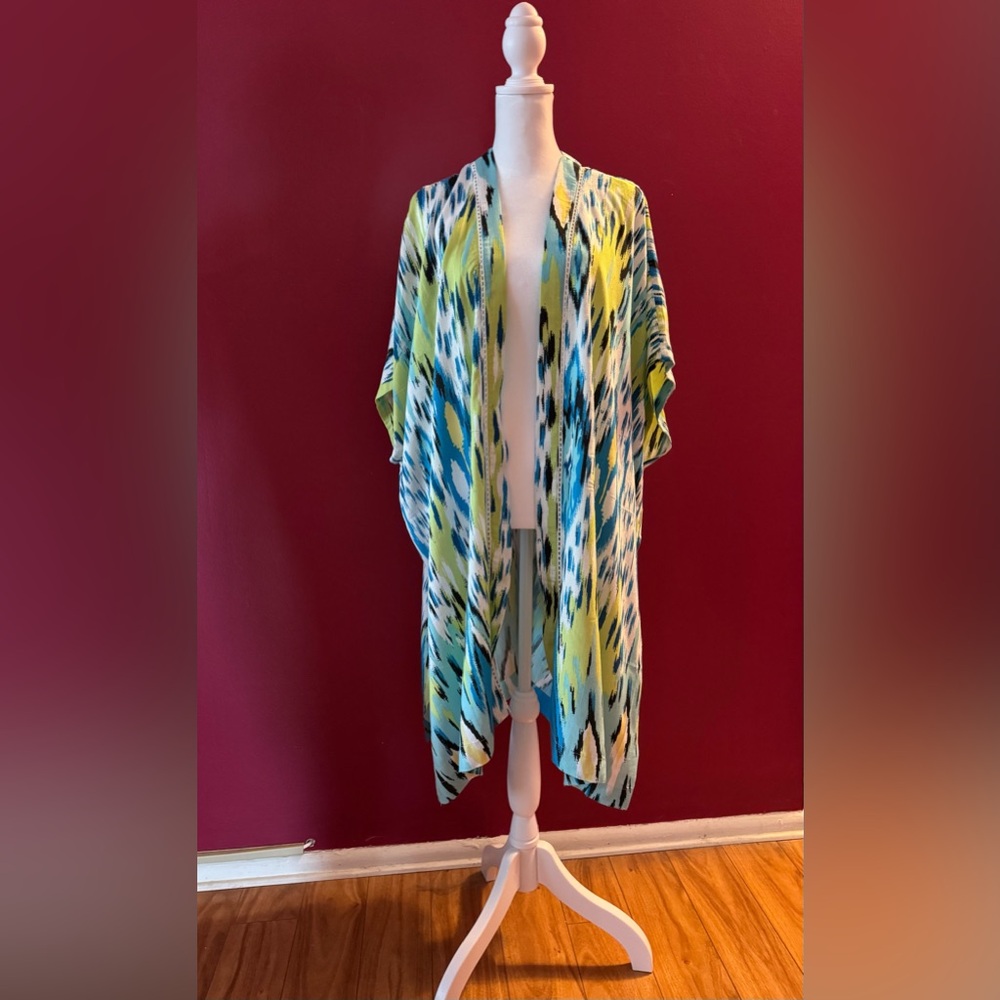 Chico's Yellow Blue Open-Front Kimono Cape EUC